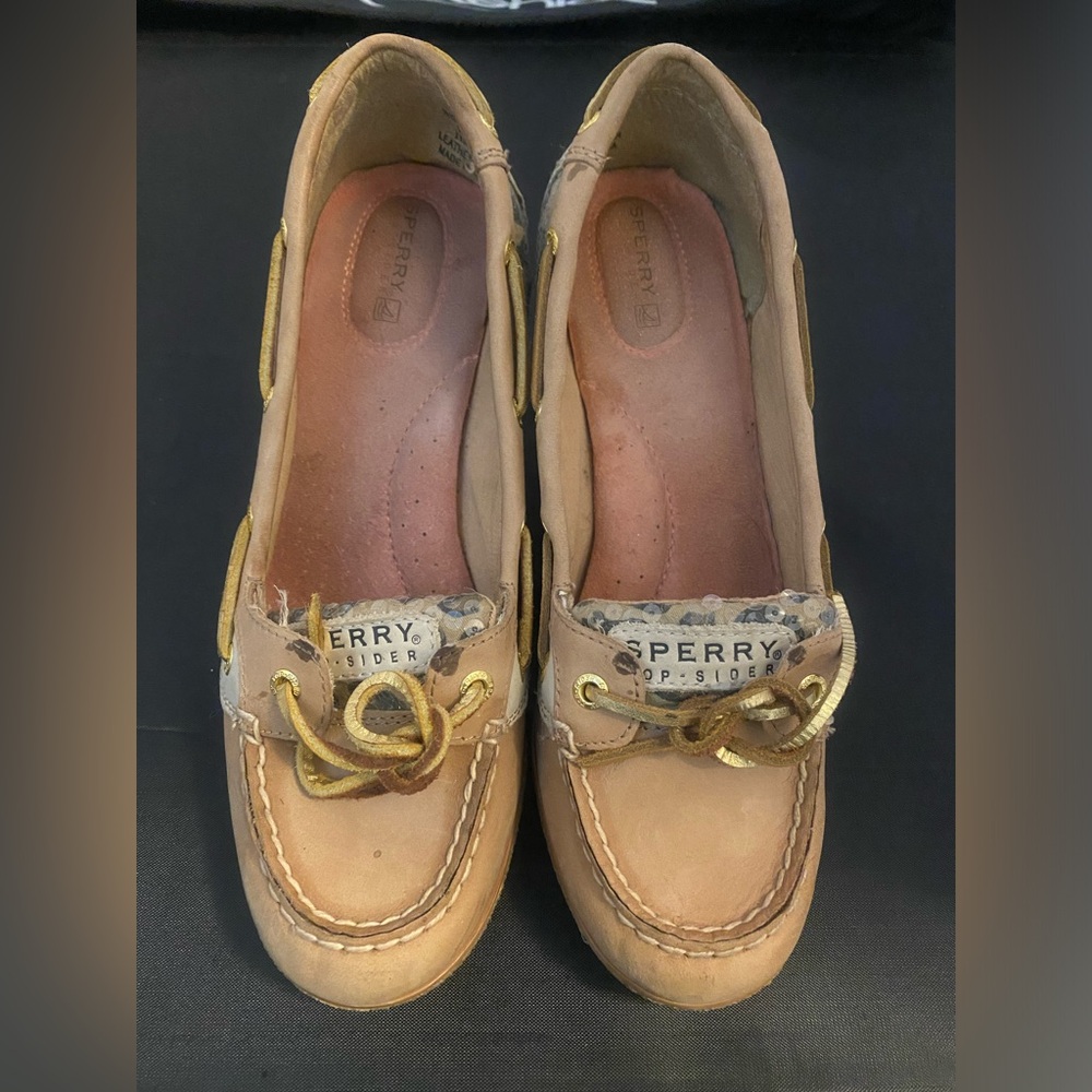Sperry Tan Leather Deck Loafers with Gold Eyelets